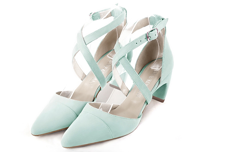 Aquamarine blue women's open side shoes, with crossed straps. Tapered toe. Medium comma heels. Front view - Florence KOOIJMAN